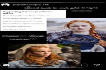 "Game of Thrones" fame actress Sophie Turner, who was nominated in the Outstanding Supporting Actress in a Drama Series category at the 71st Primetime Emmy Awards, received a special wish from her sister-in-law Priyanka Chopra Jonas before the gala night.