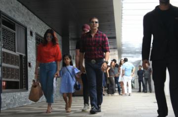 Mumbai: Actor Akshay Kumar along with his wife Twinkle Khanna, son Aarav Kumar and daughter Nitara Kumar seen at a restaurant in Mumbai on April 8, 2018. (Photo: IANS)
