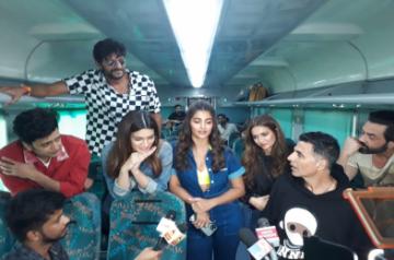 Mumbai: Actors Akshay Kumar, Riteish Deshmukh, Bobby Deol, Kriti Sanon, Pooja Hegde, Kriti Kharbanda and Chunky Panday travel by a special promotional train from Mumbai to Delhi as part of 'Housefull4Express' rail journey during "Housefull 4" promotions, in Mumbai on Oct 16, 2019. (Photo: IANS)
