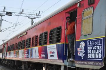 New Delhi: Kerala Express displays motivational messages urging people to vote ahead of 2019 Lok Sabha elections, at New Delhi Railway station, on March 29, 2019. The Election Commission on Friday joined hands with the Indian Railways to utilise four long distance trains for creating awareness among voters about the Lok Sabha elections. (Photo: IANS)