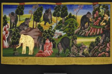 Scenes from the Buddha's previous incarnations, in a 19th century Burmese manuscript. (c) British Library Board