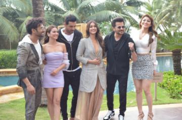 Mumbai: Actors Pulkit Samrat, Kriti Kharbanda, John Abraham, Illeana D'Cruz, Anil Kapoor and Urvashi Rautela during the promotions of their upcoming film "Pagalpanti" in Mumbai on Nov 19, 2019. (Photo: IANS)