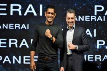Mr. Jean Marc Pontroue, CEO, Panerai with India Brand Ambassador - Mahendra Singh Dhoni at the launch of the two MS Dhoni special edition watches