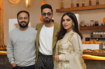 Mumbai: Director Amar Kaushik with actors Ayushmann Khurrana and Bhumi Pednekar at Diwali brunch during the promotions of their upcoming film "Bala" in Mumbai on Oct 25, 2019. (Photo: IANS)