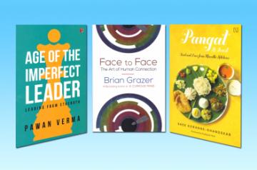 Book cover of "Age Of The Imperfect Leader - Leading From Strength by Pawan Verma"; book cover of "Face to Face - The Art of Human Connection by Brian Grazer; book cover of "Pangat, A feast: Food and Lore from Marathi Kitchens" by Saee Koranne-Khandekar.