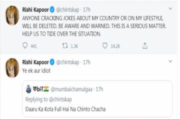 Bollywood veteran Rishi Kapoor is furious after a section of social media teasingly asked him if he was well stocked up on alcohol, what with the 21-day lockdown being announced in the wake of COVID-19 pandemic.