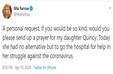 Mia Farrow's daughter Quincy hospitalised with COVID-19.
