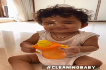 Sameera's daughter Nyra helps her clean in funny video.
