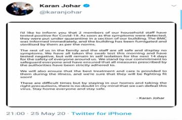 Photos for Karan Johar on self-isolation after two household staff test COVID-19 positive.