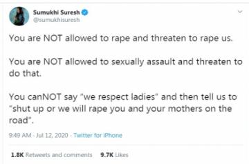 Sumukhi Suresh condemns rape threats on female comics.