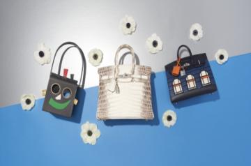 (L-R) Hermès 2009 - Graphite, rouge h & amethyst swift leather & porosus crocodile petit h robot bag with gold & permabrass hardware, price realized: $16,250, Hermès 1994 - A rare, matte white Himalaya Niloticus crocodile Birkin 30 with palladium hardware, price realized: $150,000 and Hermès 2019 - A rare, bleu marine, white & orange madame calfskin leather, swift leather, sombrero leather, Epsom leather & matte alligator faubourg Sellier Birkin 20 with palladium hardware price realized: $200,000