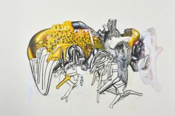 Landscape of a defunct harvest machine_Gouache, charcoal, acrylic and paper on mount board 32x42 inches