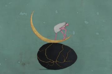 Pratul Das, Moon walk. size-22'' x 30'' Gouache and gold leaf on  Saunders waterford paper, 600 gsm acid free. 2021