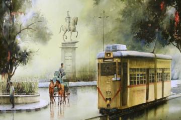 Arup Lodh Painting, A Wet Afternoon in Kolkata. 29 x 42 Inches Watercolour on Paper.