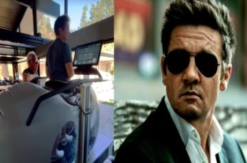 Jeremy Renner walks on anti-gravity treadmill in snow plough recovery video.