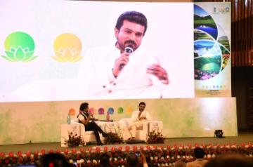 Srinagar: Actor Ram Charan speaks at an event 'Film Tourism for Economic Growth and Cultural Preservation' on the sidelines of the 3rd G20 Tourism Working Group meeting, in Srinagar, on Monday, May 22, 2023.  (Photo:IANS/Twitter)